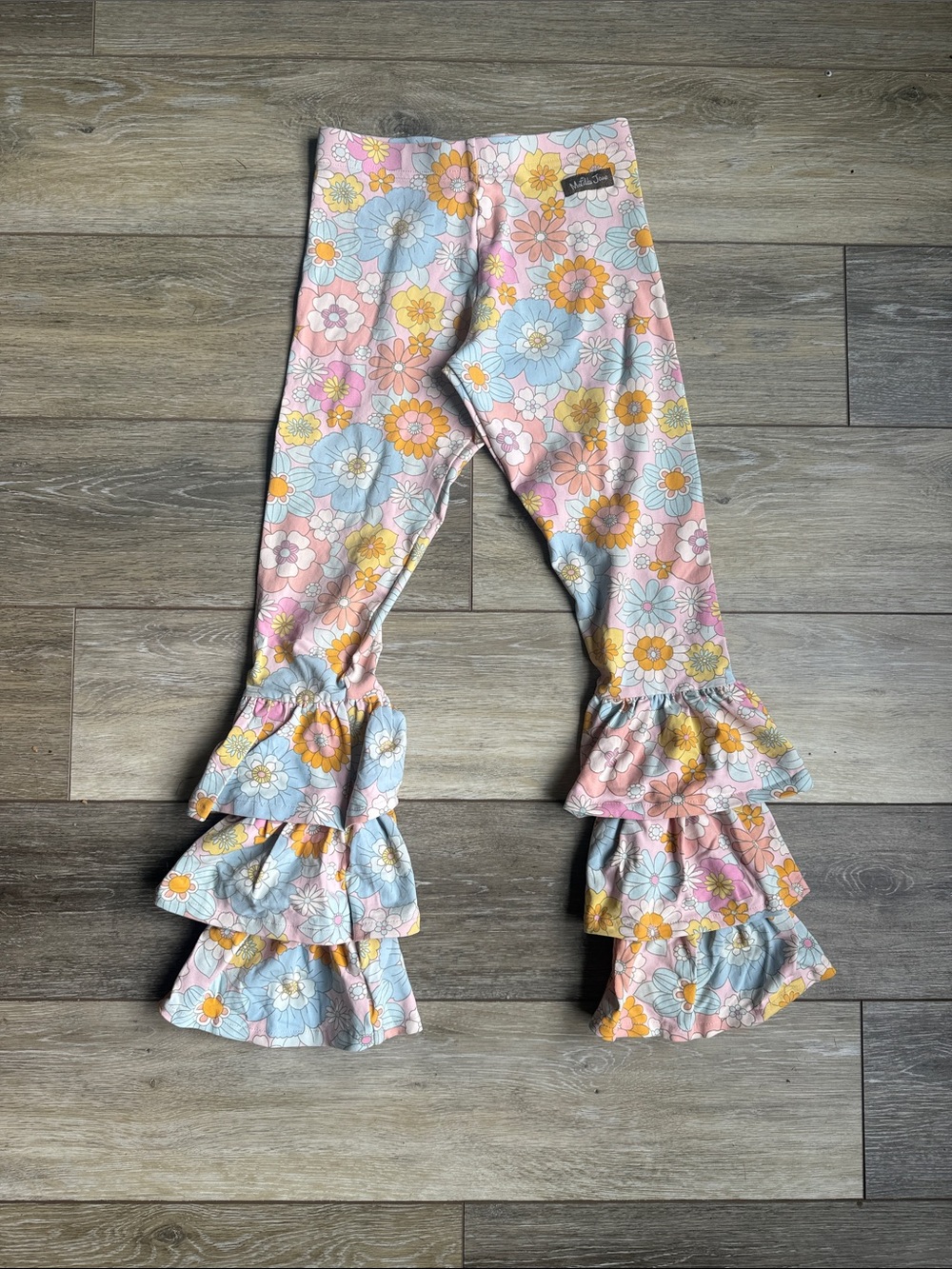 Matilda Jane Pink Floral Ruffle Leggings with Blue & Yellow Blooms
